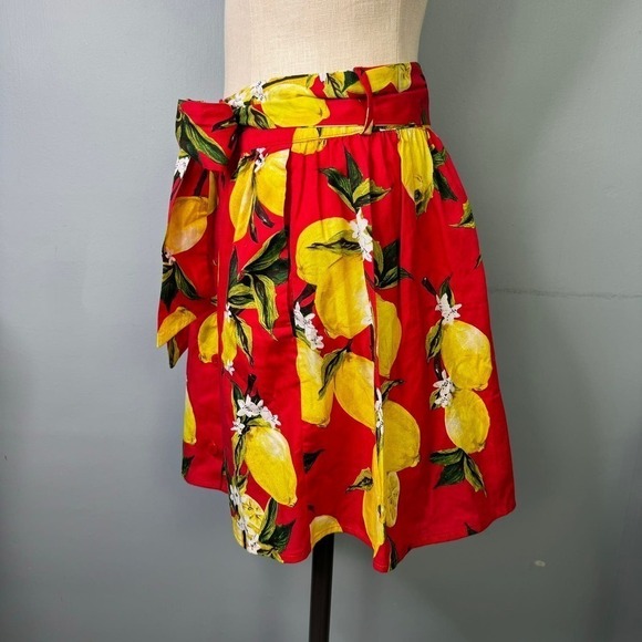 Lulumari Tie Belted Red Lemon Print Button Front Mini Skirt Women's Sz M Pockets - Picture 4 of 12